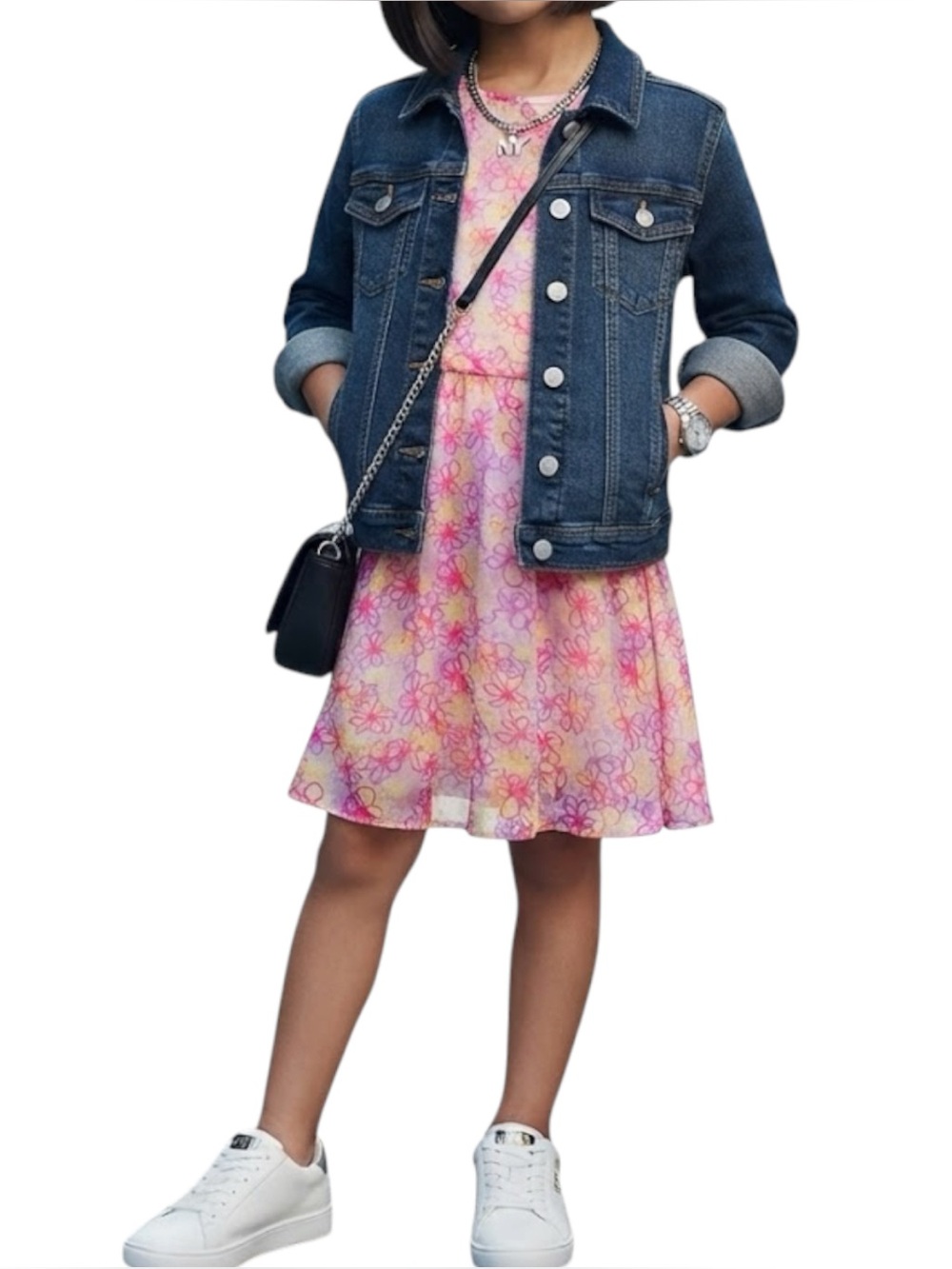 Coquette Fairycore Floral Print Keyhole Back Midi Dress Pink Purple DKNY Kids 10